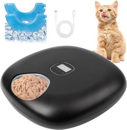 PetPrime 6-Meal Automatic Cat Feeder with Two Ice Packs,Cordless Rechargeable Cat Food Dispenser for Cats and Small Dogs Wet Food Auto Pet Feeder Black