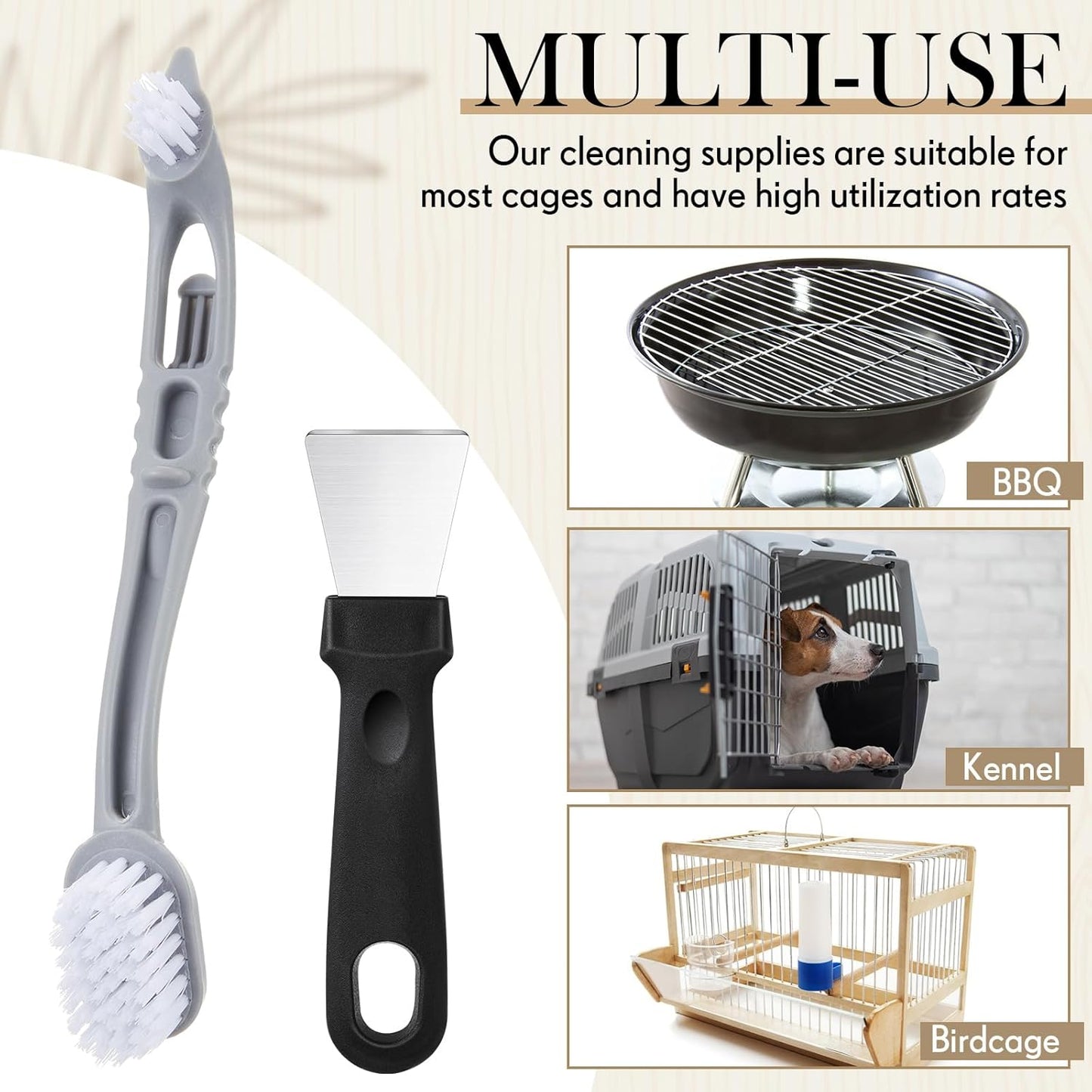 Bird Cage Cleaner with Two Brush Heads Stainless Steel Bird Droppings Cleaning Scraper Long Handle Tool for Cleaning Parrot Cages Pet Supply Cage Accessory