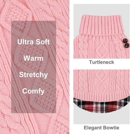 KYEESE Dog Sweater Stretchy Knitwear Cat Clothes with Gingham Patchwork Comfy Pet Coat for Fall Winter Cold Weather Soft Pullover Dog Sweaters for Small Dogs Girl Warm Turtleneck Small Dogs Sweater