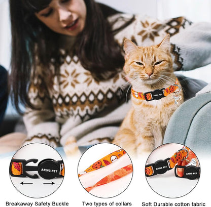 ARING PET 2 Pack Fall Cat Collars-Cute Cat Collar Breakaway with Bell & Pendant, Adjustable Fall&Halloween Kitten Collars with Safety Buckle for Girl and Boy Cats