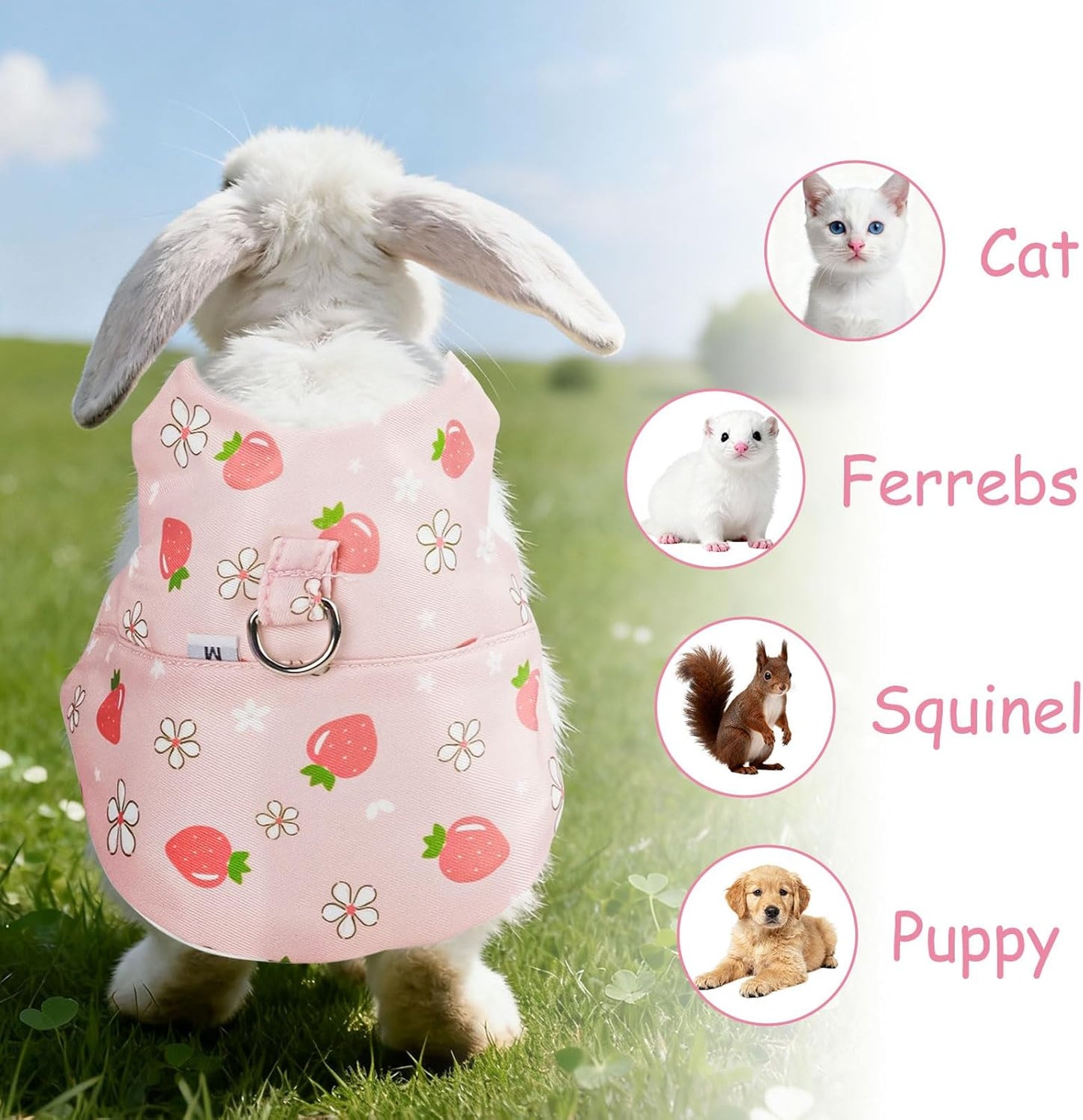 Bunny Harness and Leash Set for Rabbits & Small Pets - 3-Piece Escape-Proof Rabbit Harness with Adjustable Clothes (Light Pink/Pink/Light Blue) - Soft Bunny Leash for Guinea Pigs, Ferrets & More