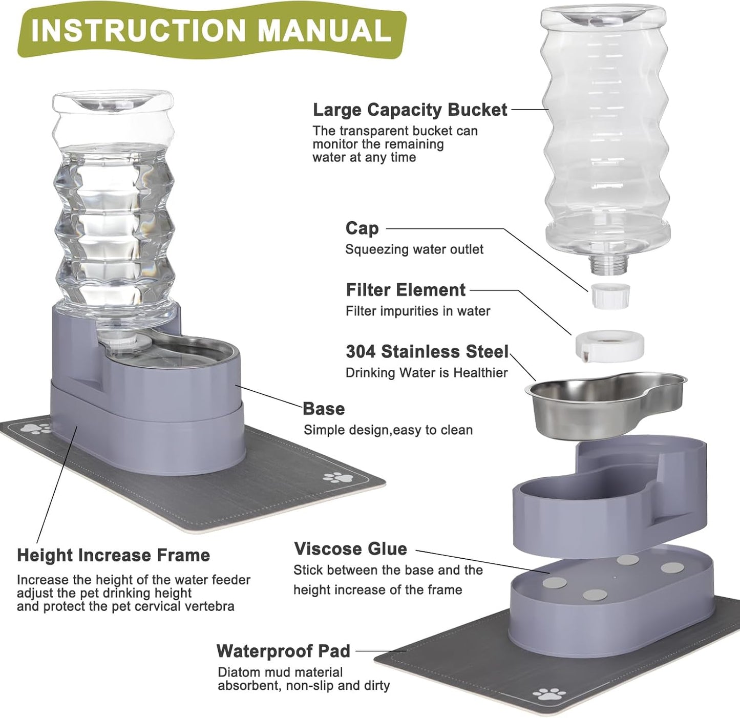 RIZZARI Large Water Dispenser for Dogs: 8L Gravity Gray Automatic Stainless Steel Waterer - 100% BPA Free - Raised Pet Feeder for Senior Dogs with Joint Pain in Bedroom Garden