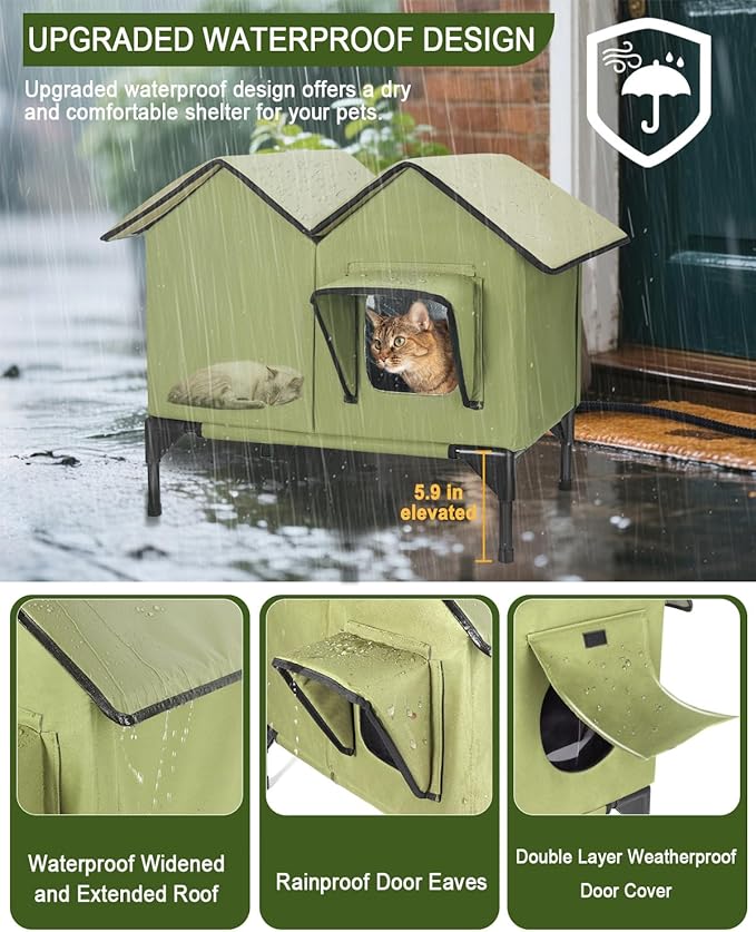 Heated Cat House for Outside, Large Elevated Waterproof Outdoor Cat House Weatherproof with Escape Doors and Heating Pad for Winter, Sturdy Insulated Outdoor Cat Shelter for Multiple Cats, Green