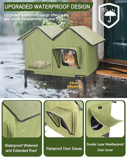 Heated Cat House for Outside, Large Elevated Waterproof Outdoor Cat House Weatherproof with Escape Doors and Heating Pad for Winter, Sturdy Insulated Outdoor Cat Shelter for Multiple Cats, Green