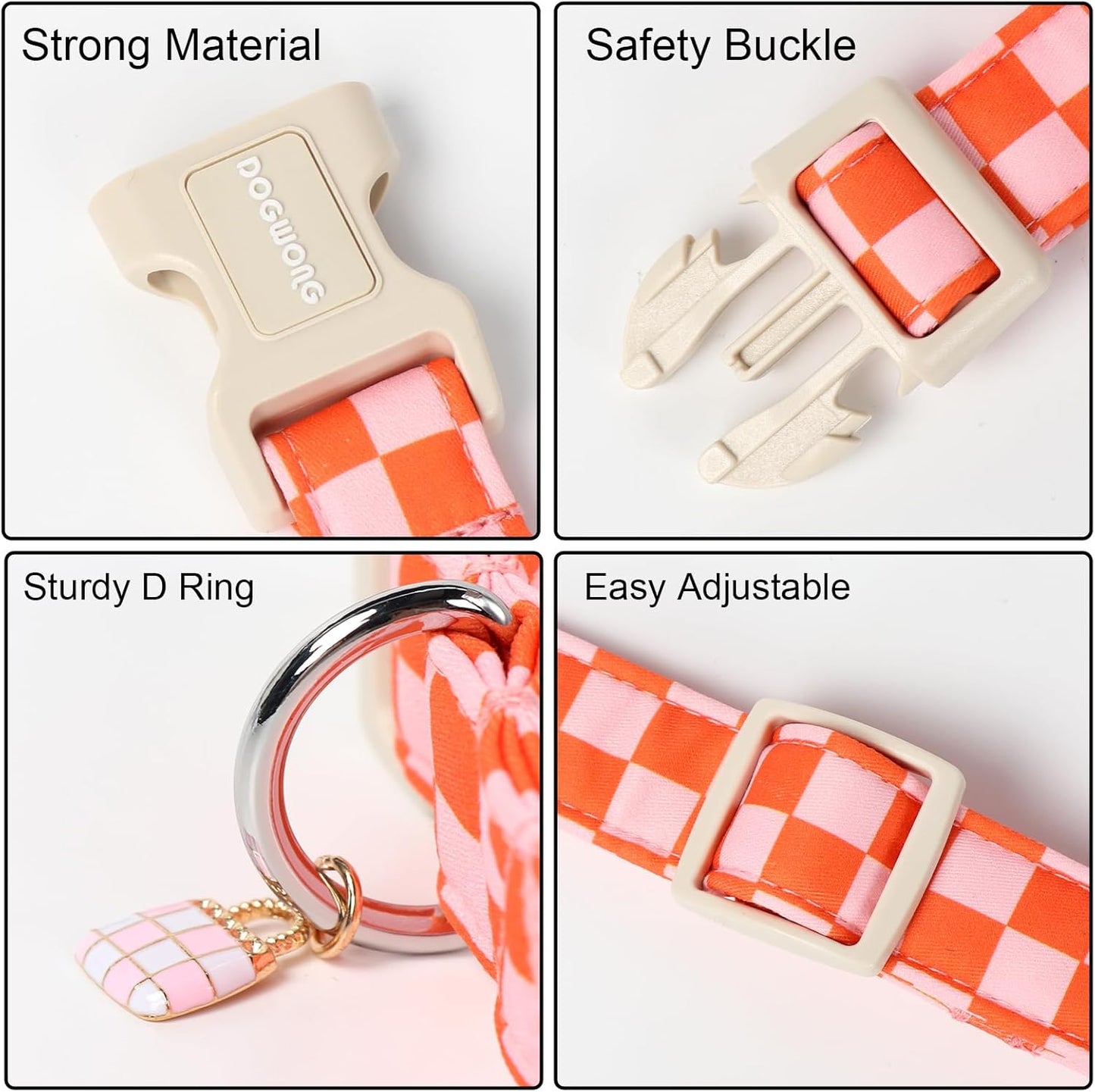 DOGWONG Pink Plaid Dog Collar, Pink Girl Dog Collars, Adjustable Cute Pet Collars Girl Design Dog Collar for Small Medium Large Dogs