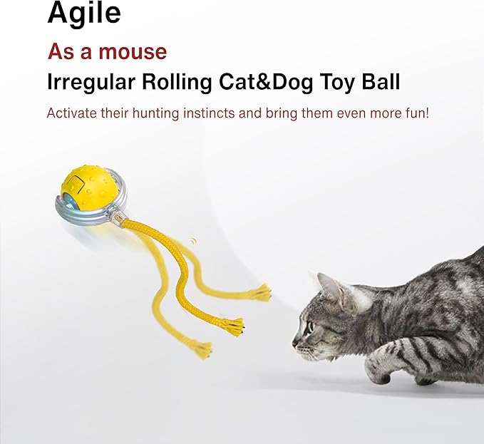 Interactive Cat Toy LED Rolling Ball — Motion-Activated, USB-C Rechargeable, 3 Play Modes, Replaceable Tails — Quiet Automatic Ball for Indoor Cats & Kittens — Safe & Durable (Yellow)
