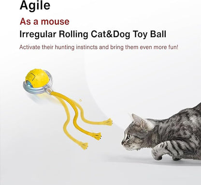Interactive Cat Toy LED Rolling Ball — Motion-Activated, USB-C Rechargeable, 3 Play Modes, Replaceable Tails — Quiet Automatic Ball for Indoor Cats & Kittens — Safe & Durable (Yellow)