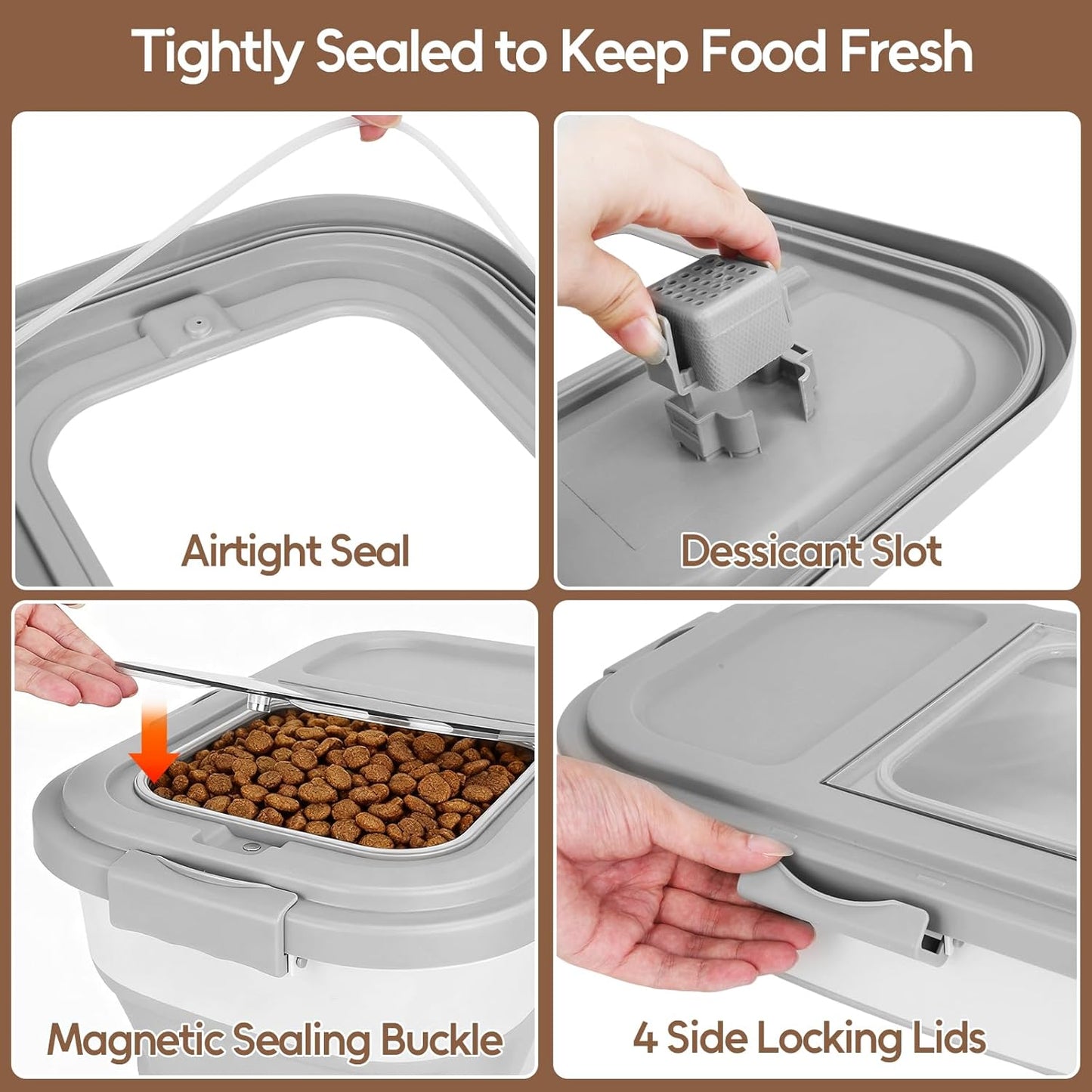 ShineMe 20Lbs Collapsible Pet Food Storage Container with Airtight Lid, Dog Food Storage Container with Measuring Scoop and Cup, Wheels & Handle for Easy Moving, Keep Dry Food Fresh (Grey)