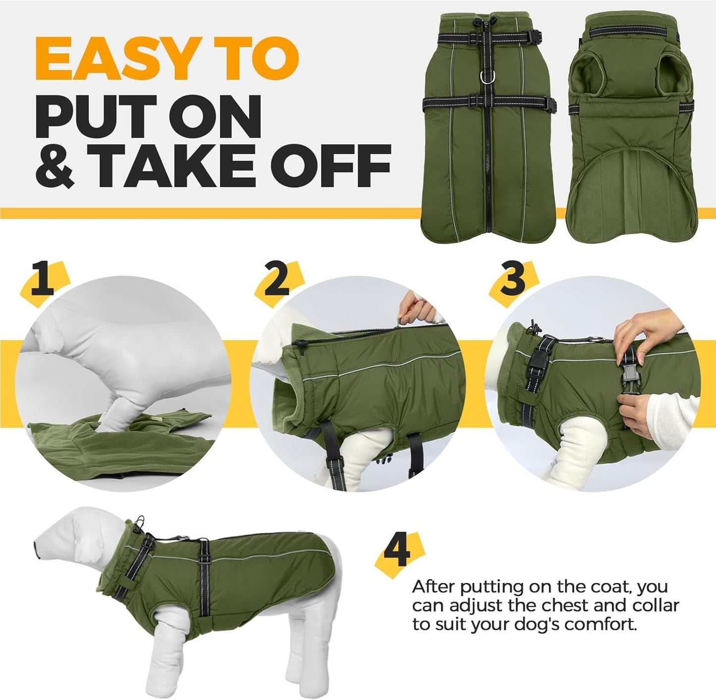 Lelepet Waterproof Dog Jacket with Harness Built in Warm Dog Winter Coat, Reflective Fleece Jacket, Dogs Coats for Lage Dogs, Thermal Pet Snowsuit for Outdoor Walking, French Bulldogs, Army Green, L