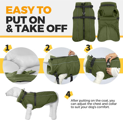 Lelepet Dog Coat with Harness Built in, Waterproof Dog Jacket for Large Dogs Reflective Winter Jacket with Zip Warm Cold Weather Coats for Dogs,Turtleneck Snowsuit, Great Dane, Army Green, XXXL