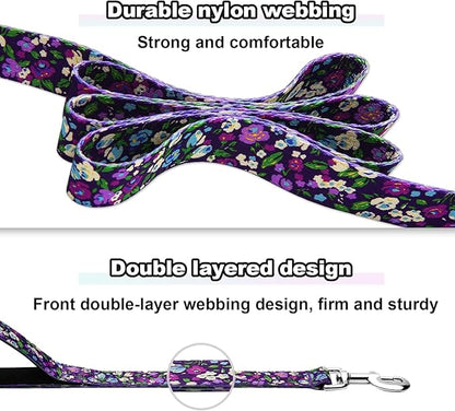 4ft Dog Leash with Two Padded Handles, Cute Girl Dog Leash with Soft Dual Handle, Walking Training Lead for Small Medium Large Dogs, Purple Floral