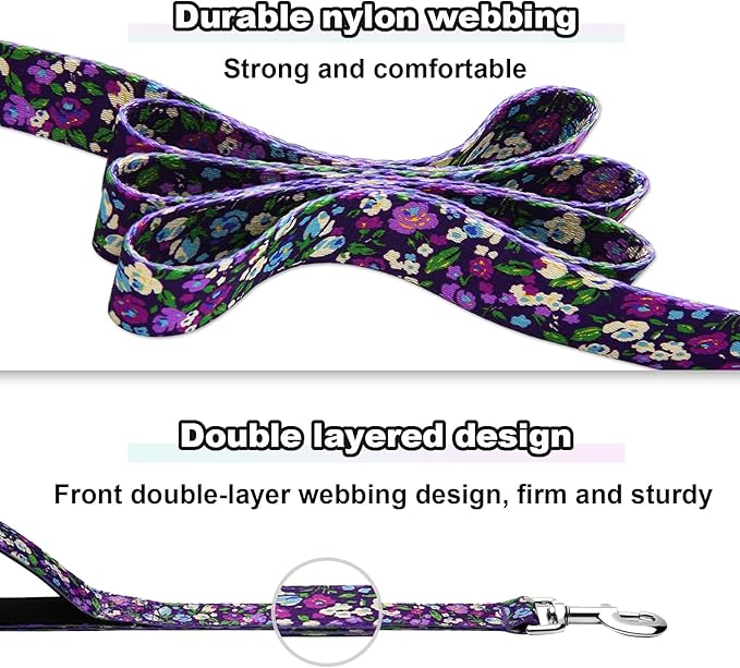 5ft Dog Leash with Two Padded Handles, Cute Girl Dog Leash with Soft Dual Handle, Walking Training Lead for Small Medium Large Dogs, Purple Floral