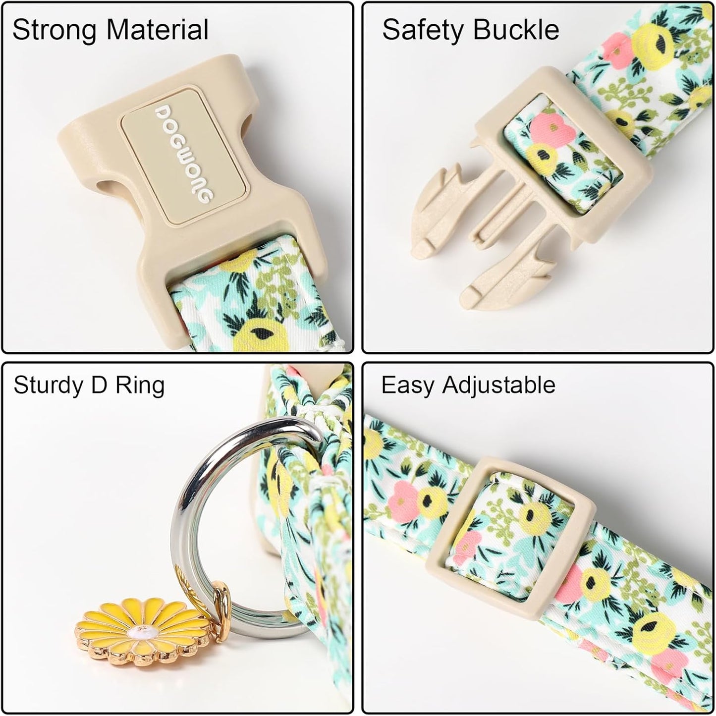 DOGWONG Flower Cotton Dog Collar, Spring Summer Cute Yellow Dog Collar Durable Soft Fabric Pet Dog Collars Female Girl Necklace for Small Medium Large Dogs