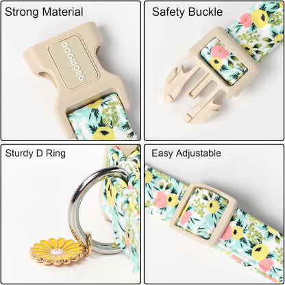 DOGWONG Flower Cotton Dog Collar, Spring Summer Cute Yellow Dog Collar Durable Soft Fabric Pet Dog Collars Female Girl Necklace for Small Medium Large Dogs