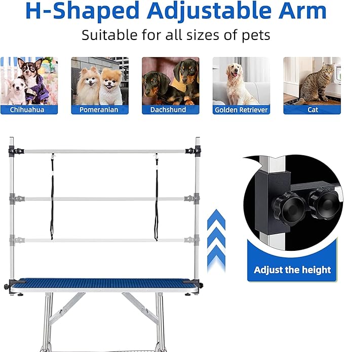 46" Dog Grooming Table Foldable Pet Grooming Tables with Adjustable Arm Noose Storage Mesh Tray Maximum Capacity Up to 330lbs Blue