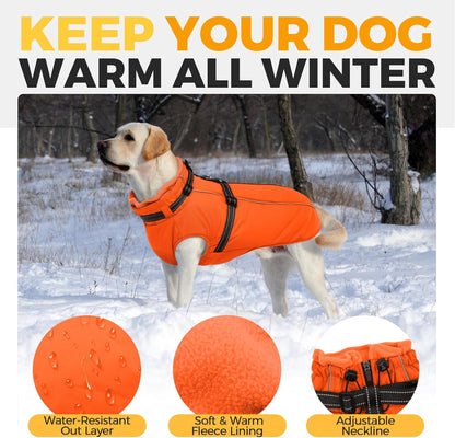 Lelepet Dog Winter Coat Waterproof Dog Jacket with Harness Built in Windproof Reflective Pet Coats for Small Medium Large Dogs, Thermal Fleece Lined Coats for Cold Weather Walking Hiking, Orange, XXL