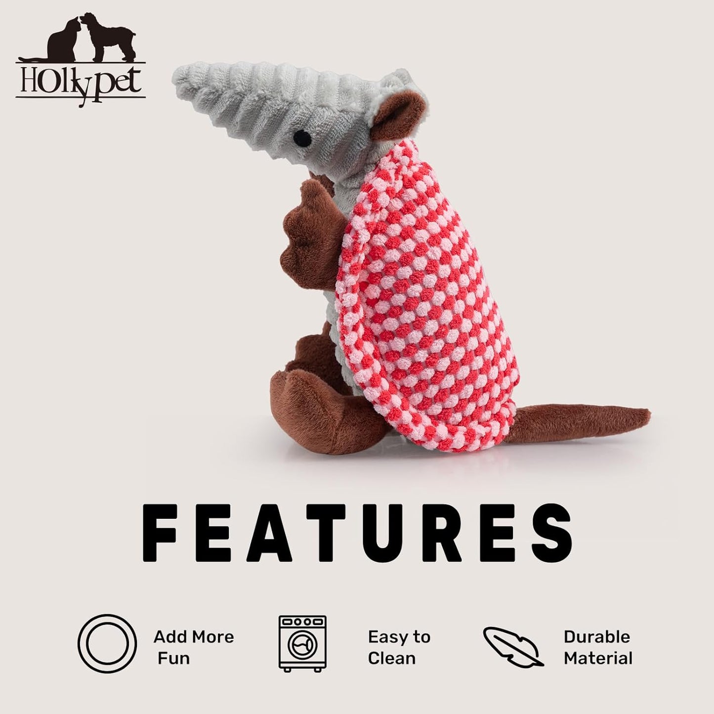 Hollypet Plush Dog Squeaky Toy Stuffed Armadillo Animal Pet Puppy Chew Toys with Clean Teeth for Small Medium Large All Breed Sizes Dogs, Light Pink and Bright Pink,8 in