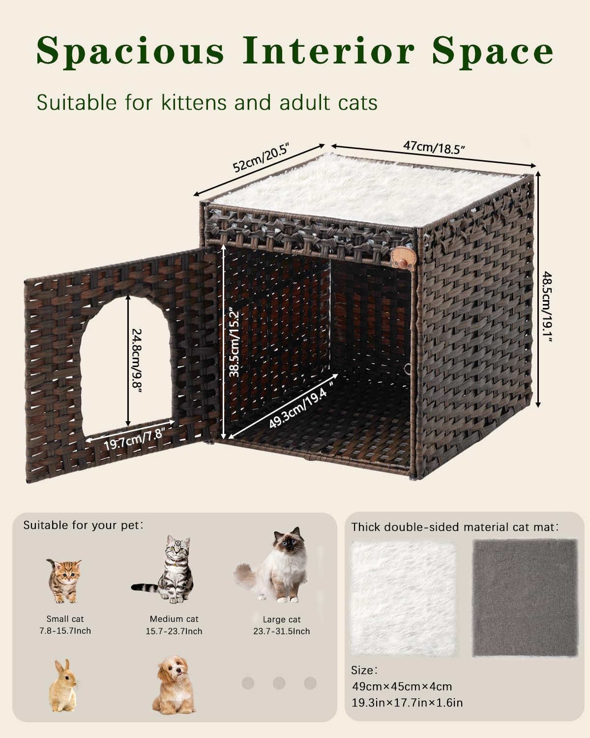 Cat Beds for Indoor Cats Extra Large Double Cat Cave Pet Cube, Handwoven Rattan Cat Houses with Double-Sided Soft Cushions, 18.5 x 20.5 x 19.1 Inches Foldable Hideaway in Living Room Brown