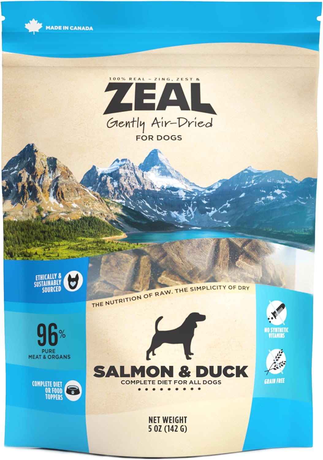 ZEAL Canada Air-Dried Salmon & Duck Recipe for Dogs - Superfood Omega-3 Rich, Dual-Protein, Grain Free, No Fillers, Complete Nutrition (Salmon & Duck, 5 oz)