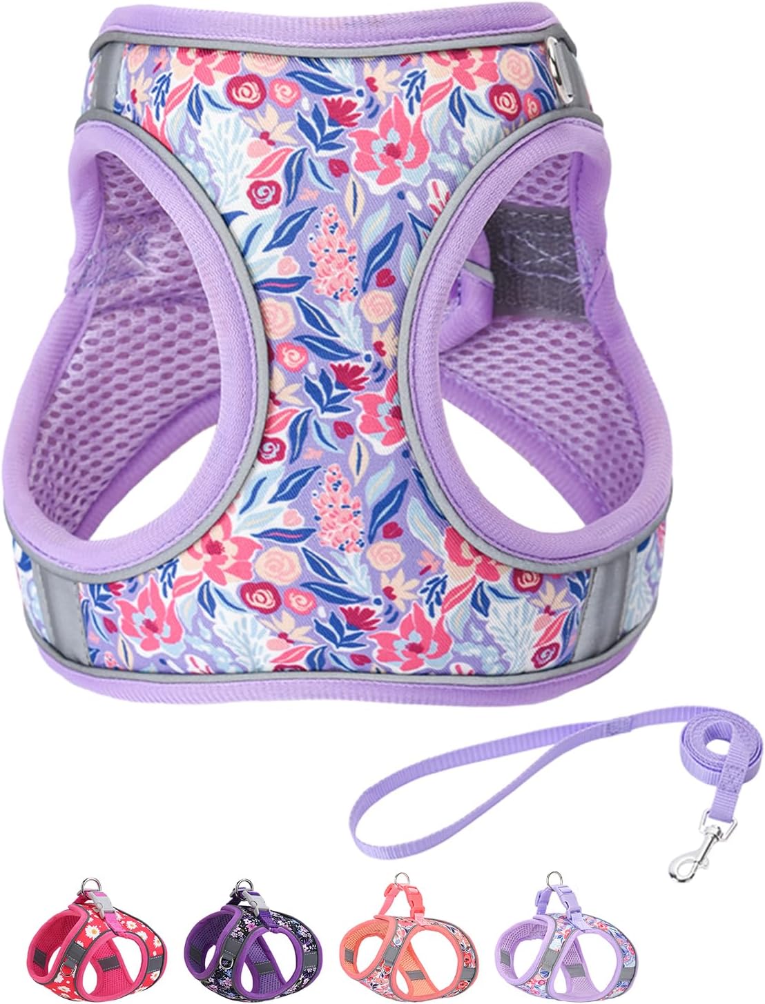 Step in Dog Harness and Leash Set, Flower Adjustable Easy Walk Puppy Harnesses, Soft Mesh Pet Vest Harness Small Size Dog Adjustable No Pull Dog Harness for Small Medium Dogs(Light Purple, S)