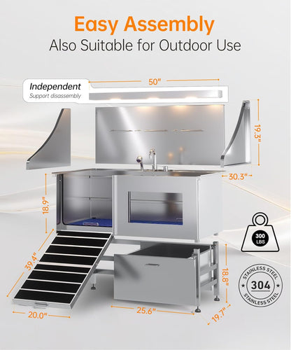POLIMO Dog Washing Station, LED Professional Stainless Steel Dog Bathing Station 50", Dog Grooming Tub for Large, Medium & Small Dog - with Window, Ramp, Drawer, Floor Grate & Faucet (Left Ramp, 50")