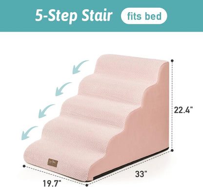 Wide Dog Stairs 19.7" Width, Pet Step for Small/Medium/Large Dog, Puppy or Cat, Pet Ramp for High Bed or Car, High Density Foam Ladder, 19.7x33x22.4 in, Stable, 5 Step, Pink
