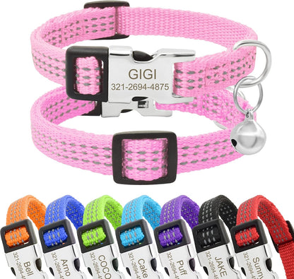 Personalized Reflective Nylon Cat Collar with Name Phone,Custom Engraved Buckle Cat Collar with Bell,Adjustable for Small Dogs Puppy Kitten (Pink,fit 7.5''-12.0'')
