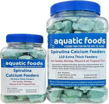 Aquatic Foods Inc. Spirulina Enriched Calcium Feeders for Shrimp, Snails, Crabs, Crayfish, Pleco, Catfish, All Tropical Fish…35 Count Sm Jar