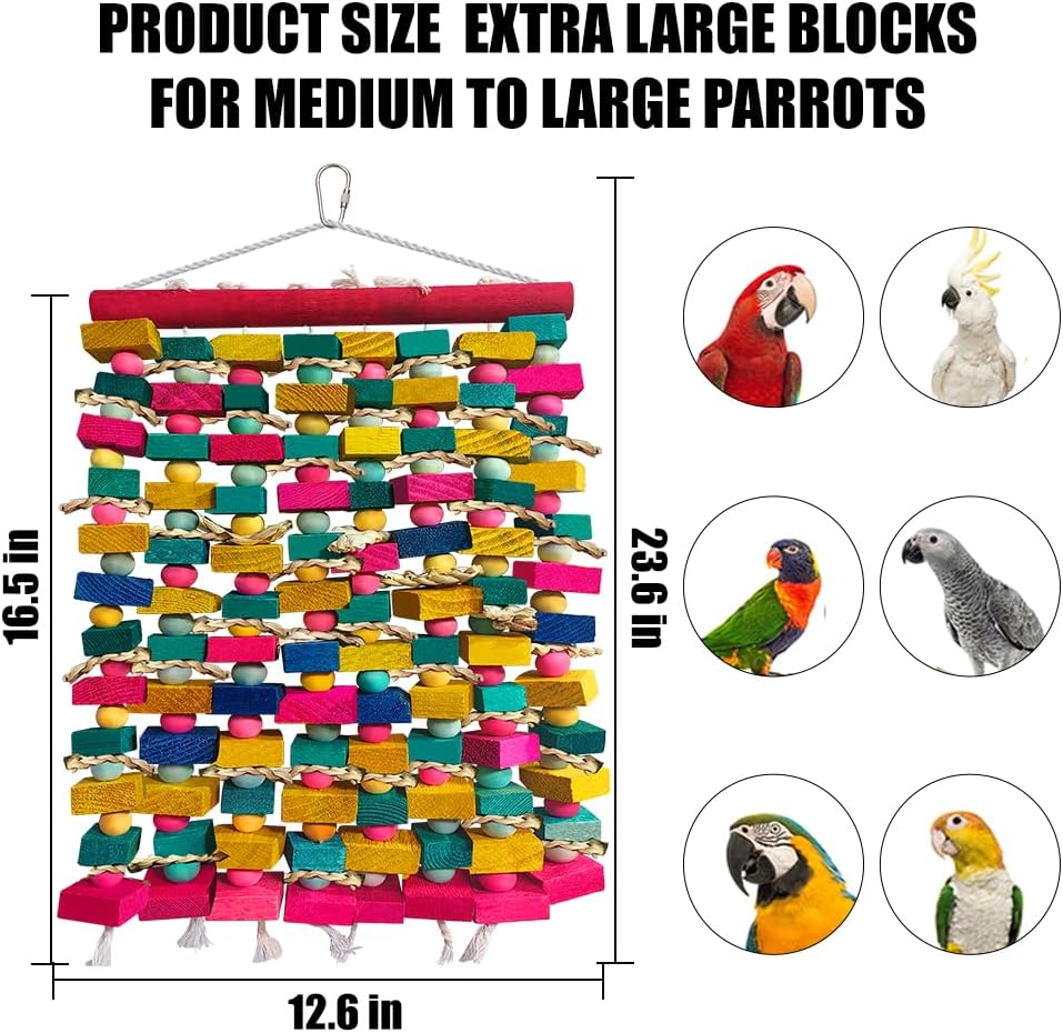 Extra Large Bird Toys for Macaws, Multicolored Wooden Blocks Bird Chewing Toy Parrot Cage Bite Toy for Macaws Cokatoos African Grey and Large Medium Parrot Birds