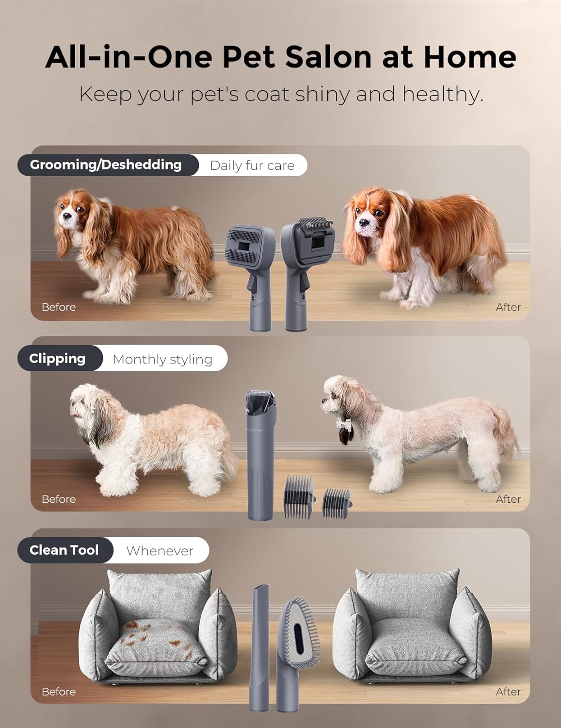 Dog Grooming Kit, FurEase Dog Grooming Vacuum with Dog Clippers for Grooming, 13000Pa Powerful Pet Grooming Vacuum with 5 Pet Grooming Tools, 2.6L Dust Cup, Dog Vacuum for Shedding Grooming