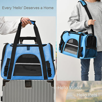Dog Cat Carrier Soft for Small Pet Up to 16 Lbs TSA Airline Approved Travel Carrier Collapsible Puppy Car Mesh Bag 17.5 * 10.2 * 11.4 inch - Blue