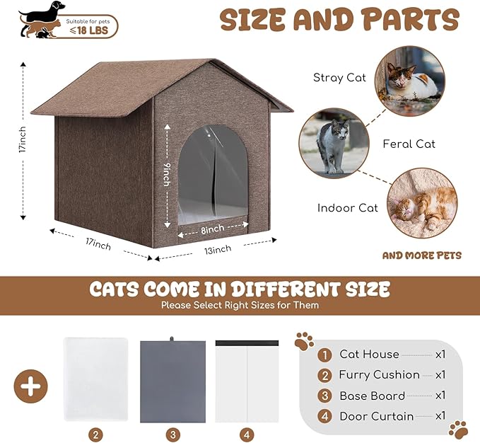 Outdoor Cat House Weatherproof, Insulated Cat Houses for Outdoor/Indoor Cats for Winter, Waterproof Feral Stray Cat Shelter with Warm Cushion and Door Curtain, Easy to Assemble, Brown