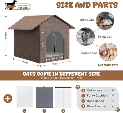 Outdoor Cat House Weatherproof, Insulated Cat Houses for Outdoor/Indoor Cats for Winter, Waterproof Feral Stray Cat Shelter with Warm Cushion and Door Curtain, Easy to Assemble, Brown