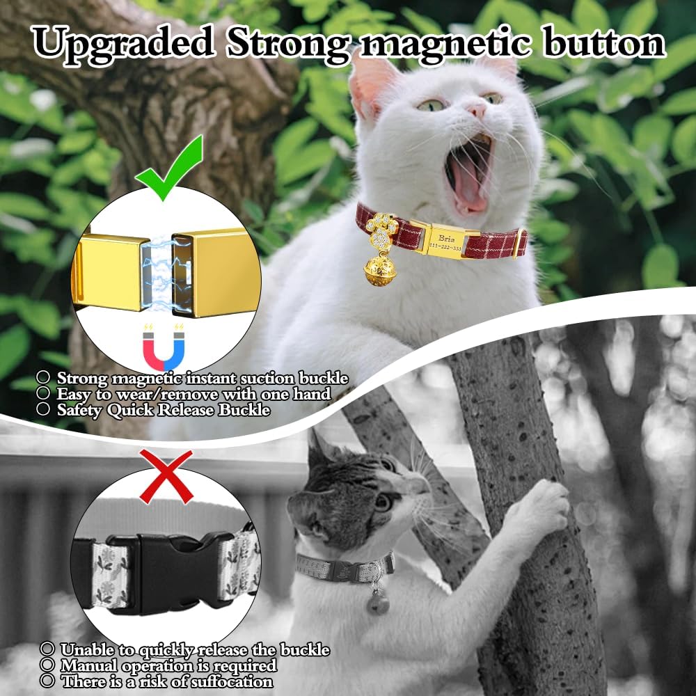 Personalized Breakaway Cat Collars - Magnetic Buckle, Bell - Safety Quick Release, Customized for Girls & Boys Cats- (Checkered-Red)