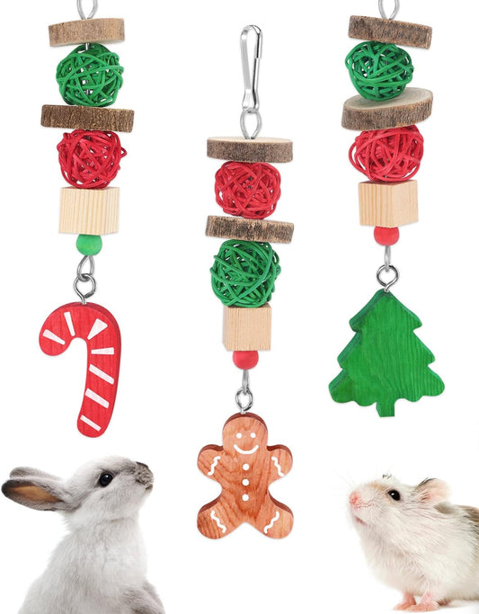 Xylolfsty Christmas Guinea Pig Toys Xmas Bunny Rabbit Toys Candy Cane Hamster Chinchilla Toys Treats for Teeth Grinding Gingerbread Christmas Tree Cage Hanging Accessories for Small Pets Gifts 3PCS