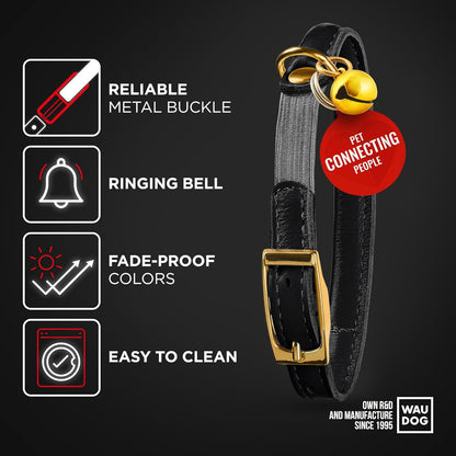 WAUDOG Ultra Soft Rolled Leather Cat Collar with Removable Bell, Safety Elastic Strap and QR ID Tag - Soft Padded for Small, Medium, and Large Cats - Round Kitten Collar for Male and Female Cats