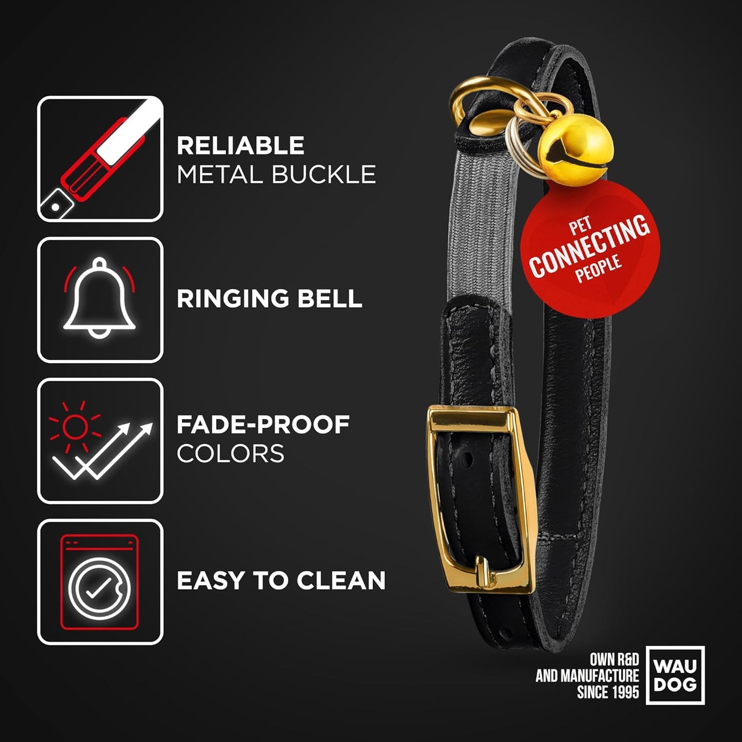 WAUDOG Ultra Soft Rolled Leather Cat Collar with Removable Bell, Safety Elastic Strap and QR ID Tag - Soft Padded for Small, Medium, and Large Cats - Round Kitten Collar for Male and Female Cats