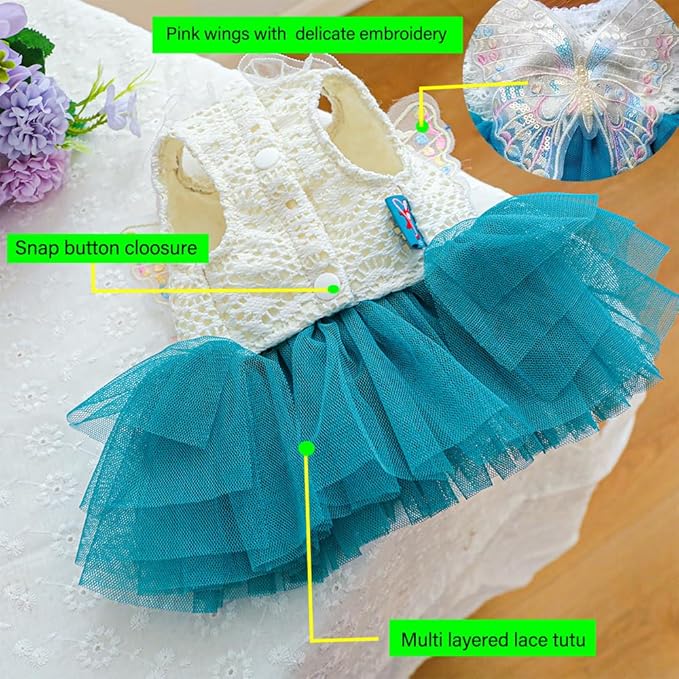 ANIAC Butterfly Dog Dress with Blue Tutu Funny Pet Clothes with Wing Girl Puppy Dress for Small Dog Pet Butterfly Costume Holiday Cat Outfit for Halloween Birthday Wedding (Lake Blue, X-Small)
