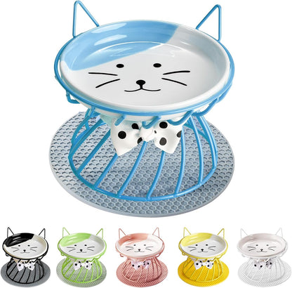 Raised Cat Food Bowl - Elevated Feeder Stand with Shallow Ceramic Dish, Whisker-Friendly No-Spill Water Bowl