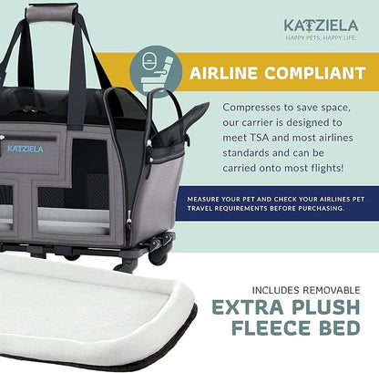 Katziela Airline Approved Pet Carrier - Rolling Portable Travel Carry Crate for Small Dog, Puppy or Cat - Soft Removable Wheeled Design with Mesh Window Sides - Airplane and TSA Compliant (Dark Grey)