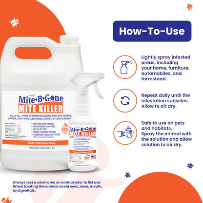 Mite Killer Spray by Mite-B-Gone — Kills Human Mites, Dust, Spider, Rat, Carpet & Bird Mites in Homes, Furniture, Bedding, Auto & On Animals | Non-Toxic | Kid & Pet Safe | 32oz Spray
