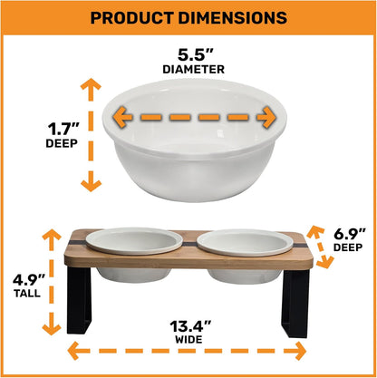 Elevated Cat Bowl Stand for Food and Water – Anti-Vomit Raised Feeding Station with Tilted Stand – Removable Round Ceramic Bowls, Anti Slip Bamboo Base, Dishes for Cats, Kitten, Small Dogs & Puppies