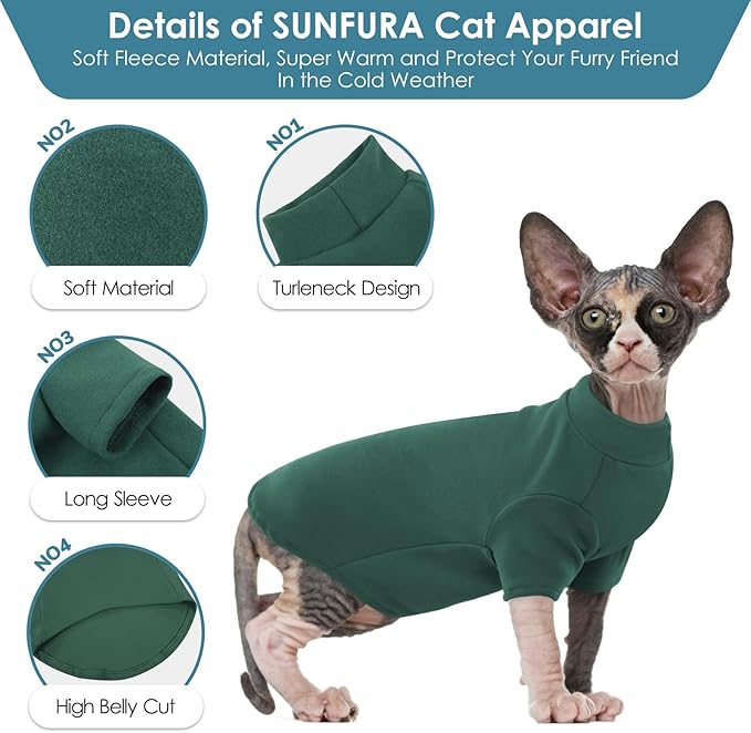 SUNFURA Turtleneck Sweater for Cat, Sphynx Hairless Cats Shirt Sweaters with Sleeves, Warm and Soft Kitten Pullover Fleece Winter Pajamas Jumpsuit for Puppy, Green M