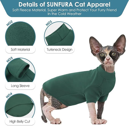 SUNFURA Turtleneck Sweater for Cat, Sphynx Hairless Cats Shirt Sweaters with Sleeves, Warm and Soft Kitten Pullover Fleece Winter Pajamas Jumpsuit for Puppy, Green M
