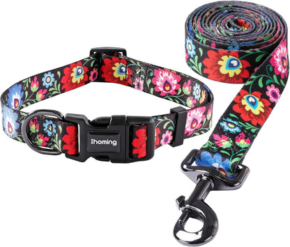 Ihoming Puppy Collar and Leash Set for Daily Outdoor Walking Running Training, Black Colorful Flowers Design for Extra Small Boys Girls Dogs Cats Pets, XS-Up to 10LBS