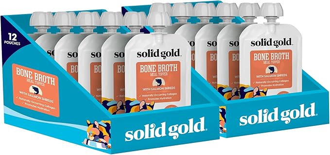 Solid Gold Bone Broth Cat Food Topper - Limited Ingredient Lickable Cat Broth Pouches w/Salmon Protein Shreds & Collagen for Hydration & Gut Support - Easy to Serve Gravy for Cats Meal Topper - 12ct