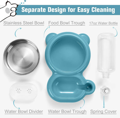 Dog Bowls, Cat Food and Water Bowl Set with Water Dispenser and Stainless Steel Bowl for Cats and Small Dogs - Blue