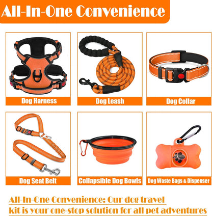 No Pull Dog Harness, Collar & Leash Set | Includes Dog Seat Belt, Collapsible Bowls & Poop Bag Dispenser. Ideal for Training, Walking, Hiking. Fits Small to Large Dogs(Orange-S)