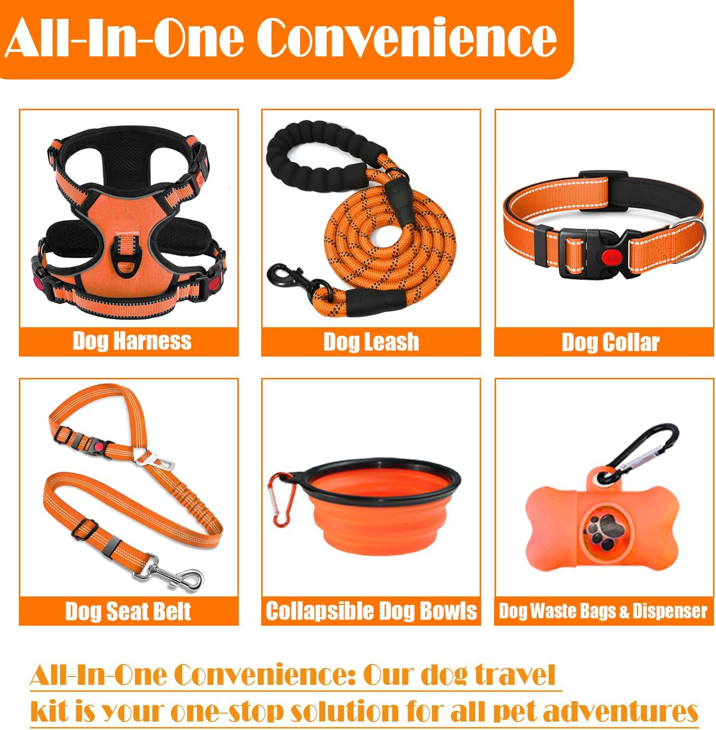 No Pull Dog Harness, Collar & Leash Set | Includes Dog Seat Belt, Collapsible Bowls & Poop Bag Dispenser. Ideal for Training, Walking, Hiking. Fits Small to Large Dogs(Orange-M)