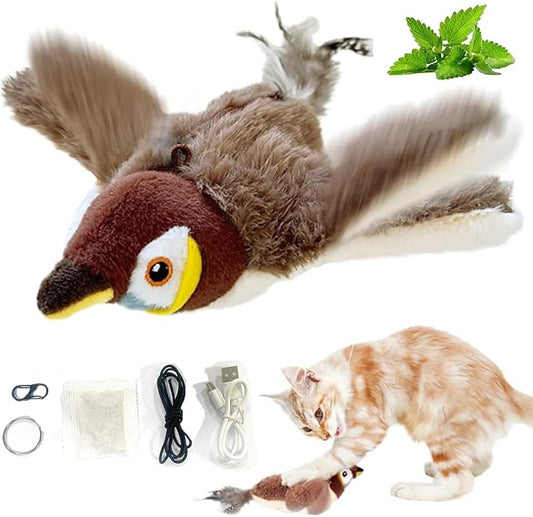 Interactive Chirping Bird Cat Toys with Flapping Wings, 2025 New Flying Birds Cats Toy, Flying Simulation Electric Sparrow Shaking Hunting Pet Toy for Indoor (Brown)